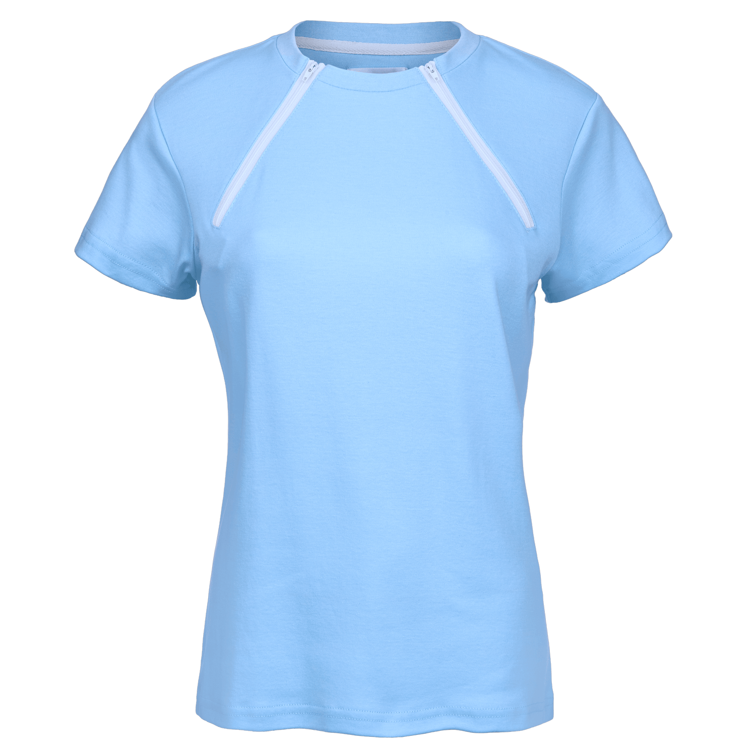 Women's ComfyChemo®CHEMOWEAR and ComfyAccess®INFUSIONWEAR dual zipper chest access shirts. Great for dialysis and chemo chest sites.