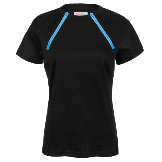 ComfyChemo®CHEMOWEAR and ComfyAccess®INFUSIONWEAR Women's dual zippered black with blue zipper short sleeve chest access shirt. Great for chemo and dialysis.