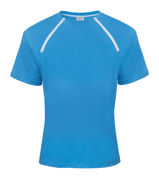 ComfyChemo®CHEMOWEAR and ComfyAccess®INFUSIONWEAR Men's Short Sleeve Blue Chest Access Shirt. Great for chest ports.