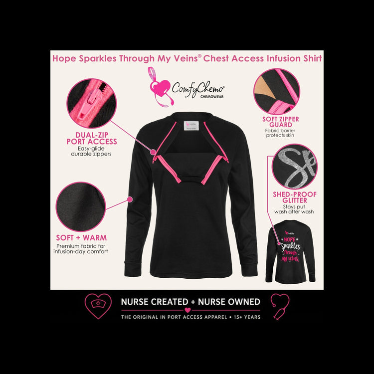 Women's ComfyChemo®CHEMOWEAR Chest Access Shirts with beautiful inspirational phrase on back. Great for chemotherapy and dialysis sites. 