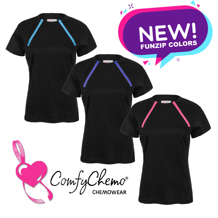 ComfyChemo®CHEMOWEAR and ComfyAccess®INFUSIONWEAR FunZip Chest Access Shirts. Black shirts with your choice of colored zippers. 