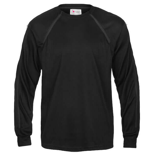 Men's Dialysis Shirt with both arm and chest access in one shirt. Great for dialysis patients transitioning between arm and chest access sites. 