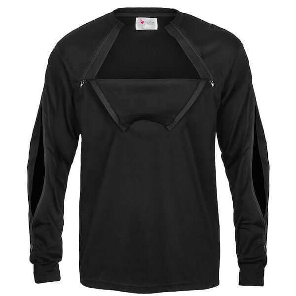 Men's Dialysis Shirt with both arm and chest access in one shirt. Great for dialysis patients transitioning between arm and chest access sites. 