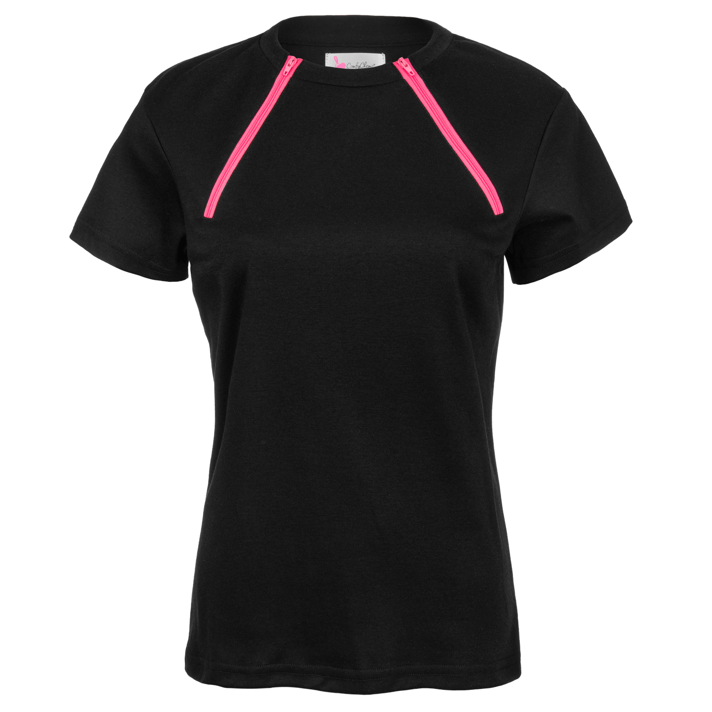 ComfyChemo®CHEMOWEAR and ComfyAccess®INFUSIONWEAR Women's dual zippered short sleeve black with pink zipper chest access shirt. Great for chemo and dialysis.