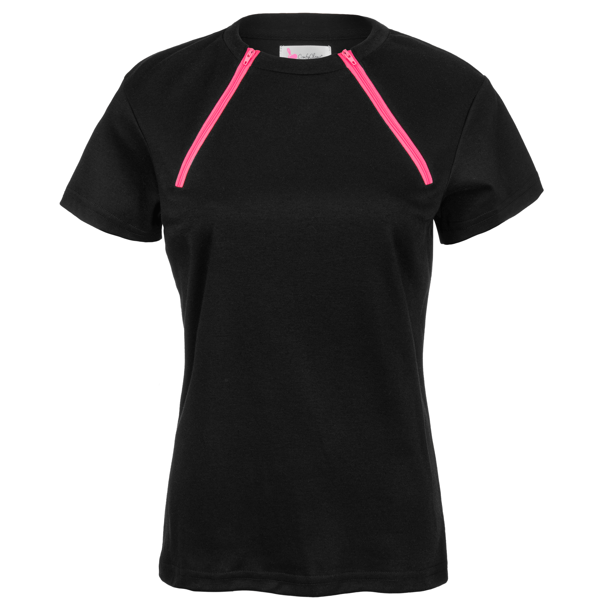 ComfyChemo®CHEMOWEAR and ComfyAccess®INFUSIONWEAR Women's dual zippered short sleeve black with pink zipper chest access shirt. Great for chemo and dialysis.