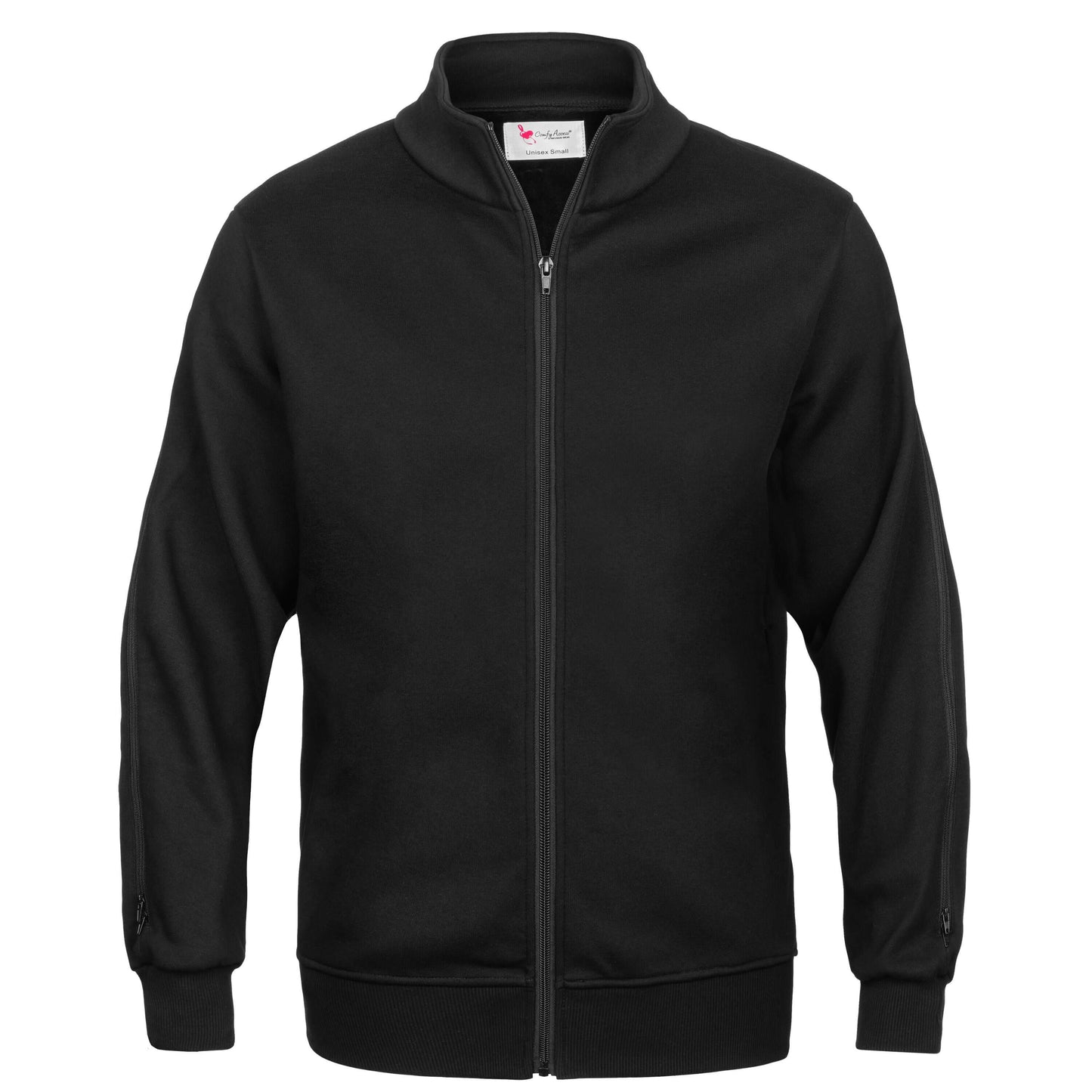 Dual zippered infusion jacket. Allows easier access to arm sites for infusions, chemotherapy, and dialysis. Has cozy lining. Pockets. 