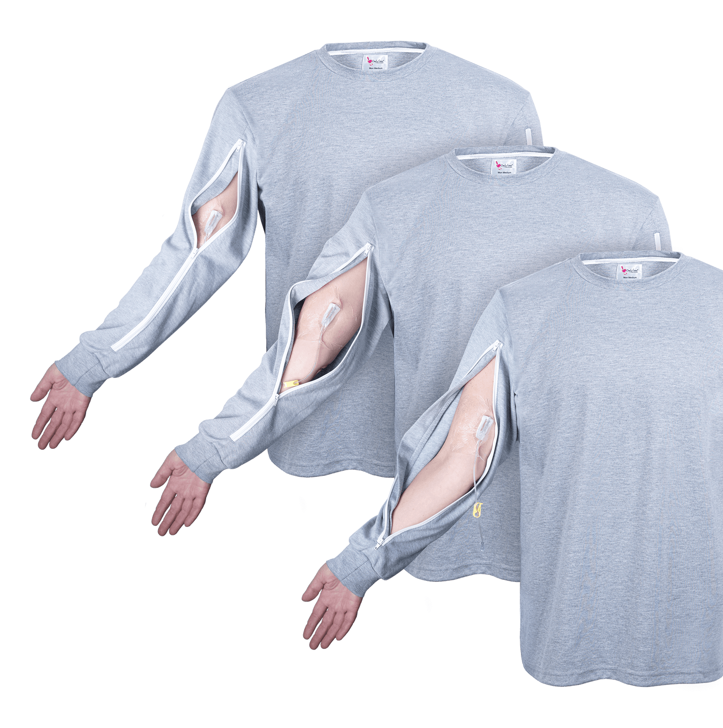  ComfyAccess®INFUSIONWEAR Men's Grey Arm Access Shirt. Dual two-way zippers. Great for dialysis and chemo sites located in the arm. Unzip and rezip for your comfort. 