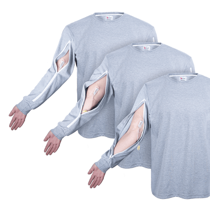  ComfyAccess®INFUSIONWEAR Men's Grey Arm Access Shirt. Dual two-way zippers. Great for dialysis and chemo sites located in the arm. Unzip and rezip for your comfort. 