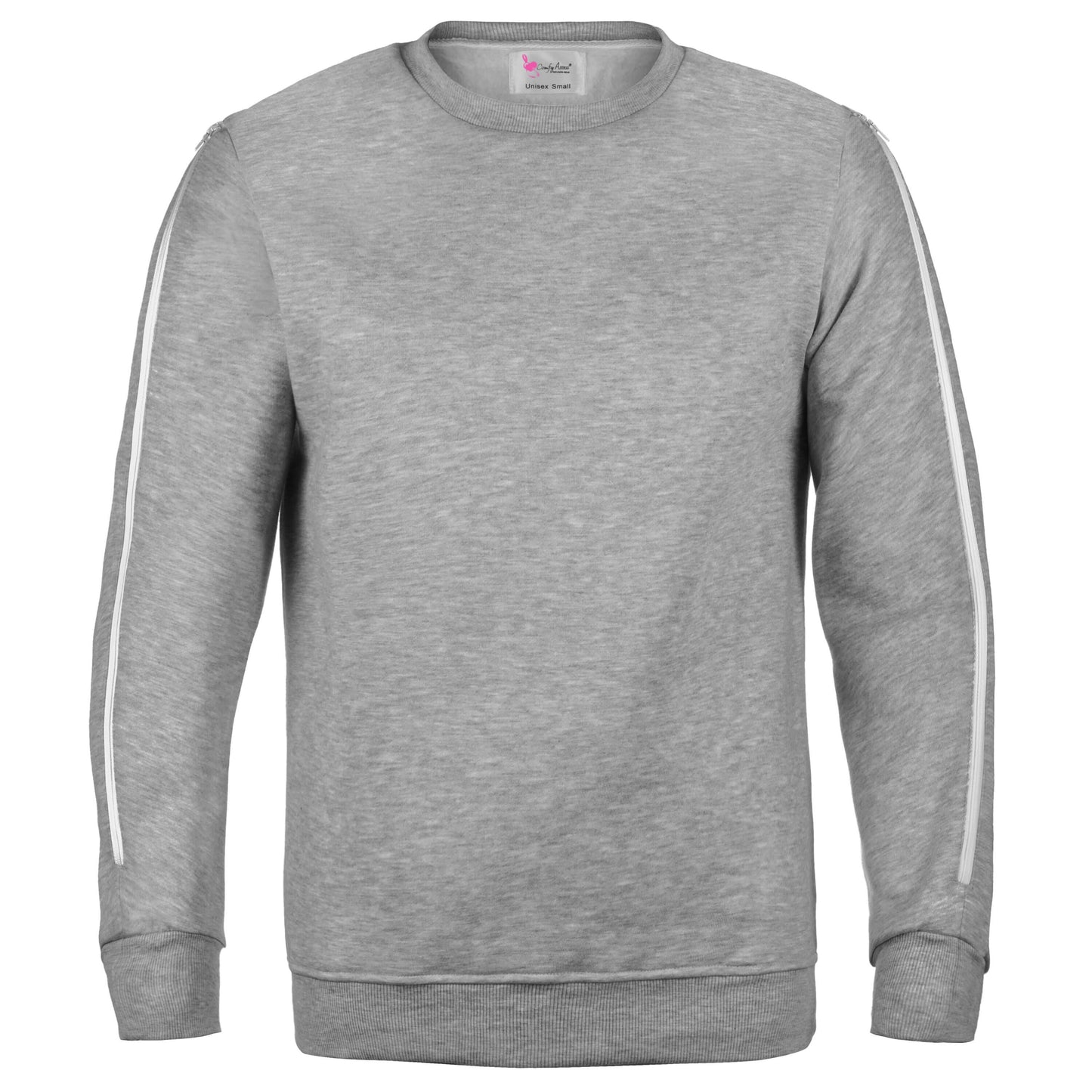 Grey unisex arm access infusion sweatshirt with dual two-way zippers for convenient infusion access.