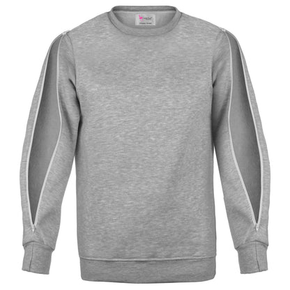 Grey unisex sweatshirt with dual two-way zippers for arm access, designed for comfort during infusions or dialysis sessions.