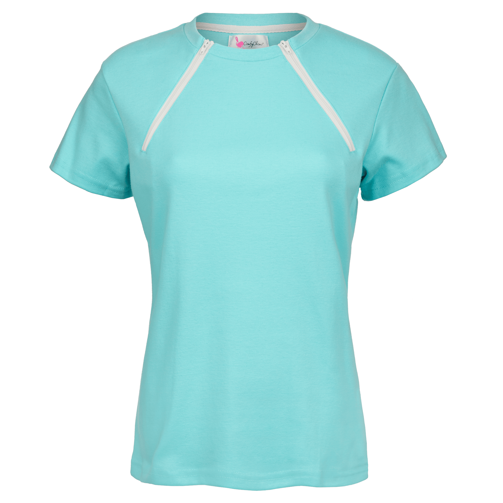 ComfyChemo®CHEMOWEAR and ComfyAccess®INFUSIONWEAR Women's dual zippered short sleeve sky blue chest access shirt. Great for chemo and dialysis.
