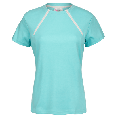 ComfyChemo®CHEMOWEAR and ComfyAccess®INFUSIONWEAR Women's dual zippered short sleeve sky blue chest access shirt. Great for chemo and dialysis.