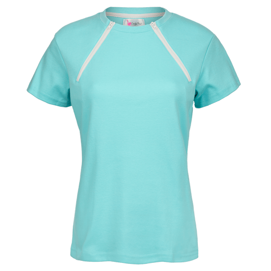ComfyChemo®CHEMOWEAR and ComfyAccess®INFUSIONWEAR Women's dual zippered short sleeve sky blue chest access shirt. Great for chemo and dialysis.