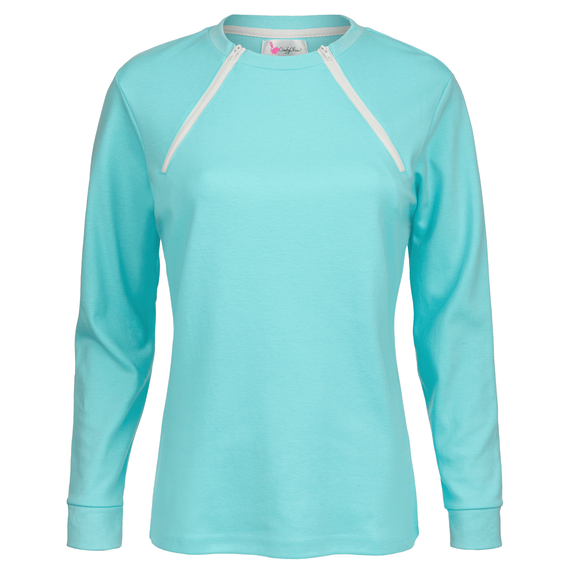 Long Sleeve Sky Blue colored chest access shirt. Helps make gaining access to venous access devices located in the chest easier. 