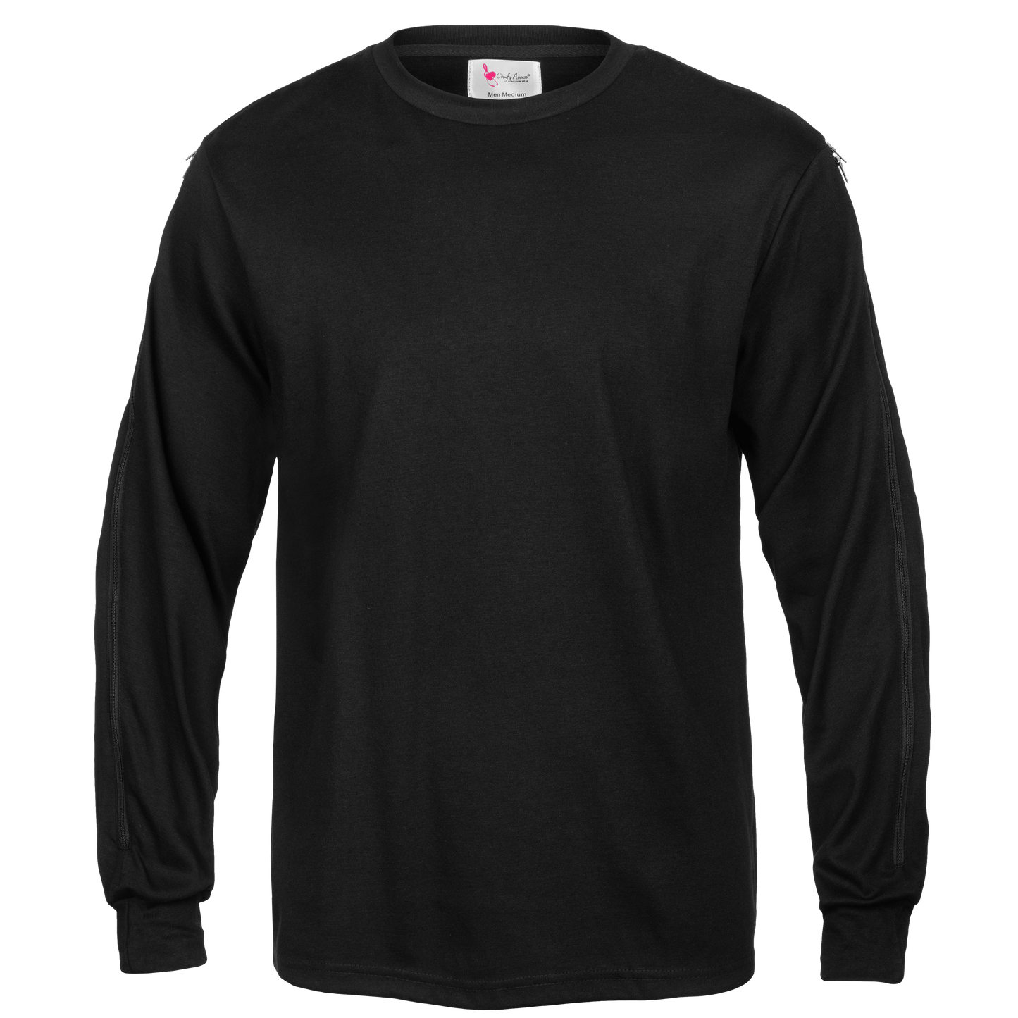 Men's black long sleeve infusion shirt with dual two-way zippers for easy arm access to venous devices.