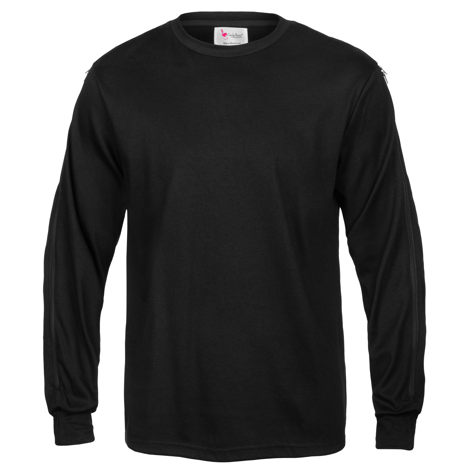 Men's black long sleeve infusion shirt with dual two-way zippers for easy arm access to venous devices.