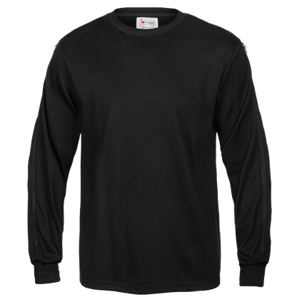 Men's black long sleeve infusion shirt with dual two-way zippers for easy arm access to venous devices.