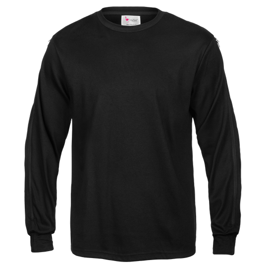 Men's black long sleeve infusion shirt with dual two-way zippers for easy arm access to venous devices.