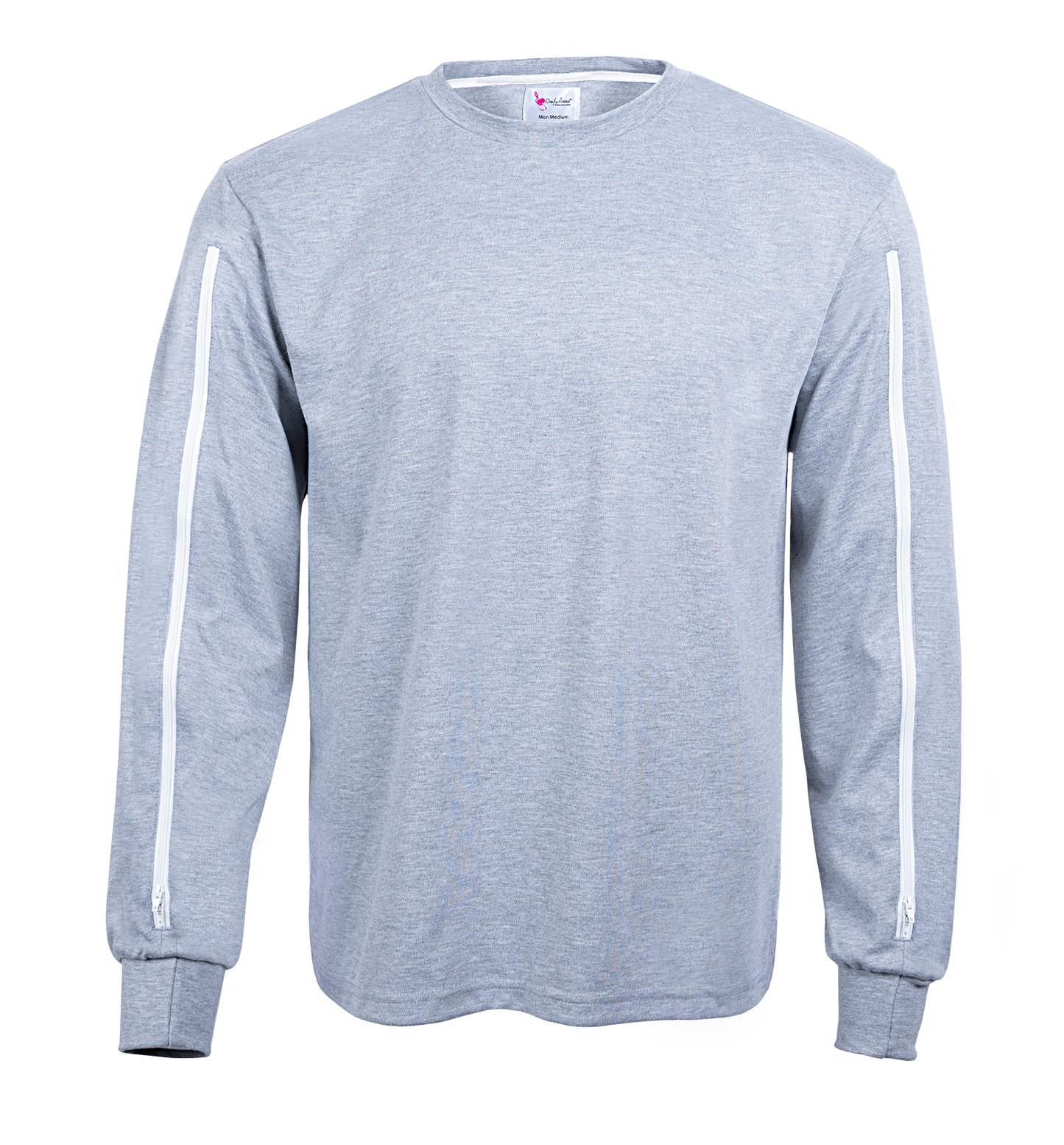 ComfyAccess®INFUSIONWEAR Men's Grey Arm Access Shirt. Dual two way zippers. Great for dialysis and chemo sites located in the arm. 