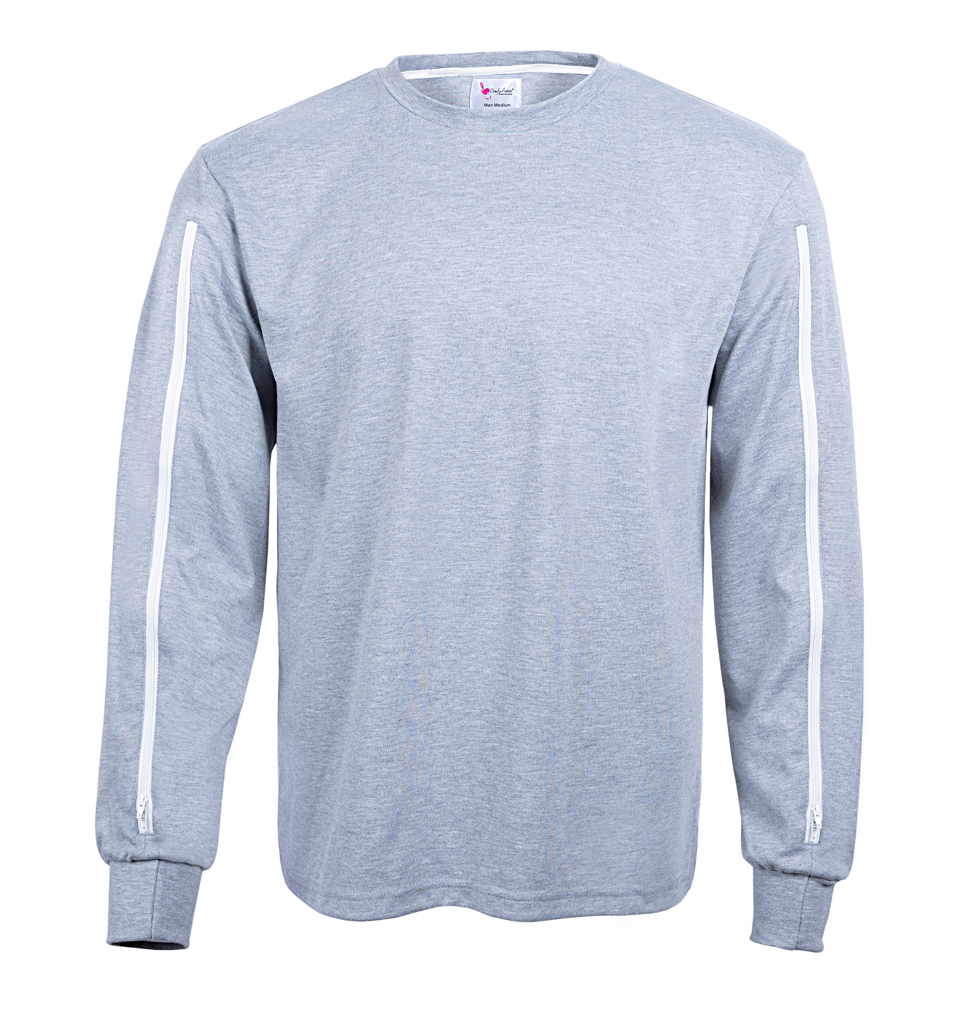 ComfyAccess®INFUSIONWEAR Men's Grey Arm Access Shirt. Dual two way zippers. Great for dialysis and chemo sites located in the arm. 