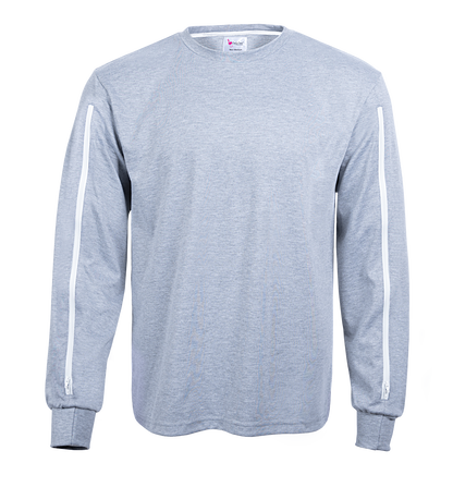 ComfyAccess®INFUSIONWEAR Men's Grey Arm Access Shirt. Dual two way zippers. Great for dialysis and chemo sites located in the arm. 