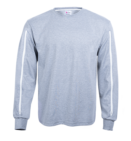 ComfyAccess®INFUSIONWEAR Men's Grey Arm Access Shirt. Dual two way zippers. Great for dialysis and chemo sites located in the arm. 