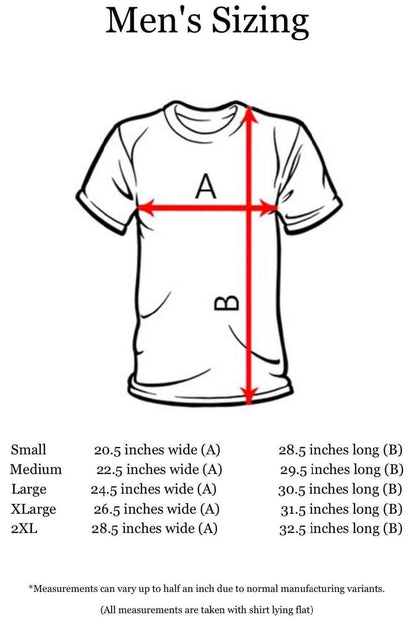 Men's sizing chart for shirts, showing measurements for small to 2XL options for optimal fit.