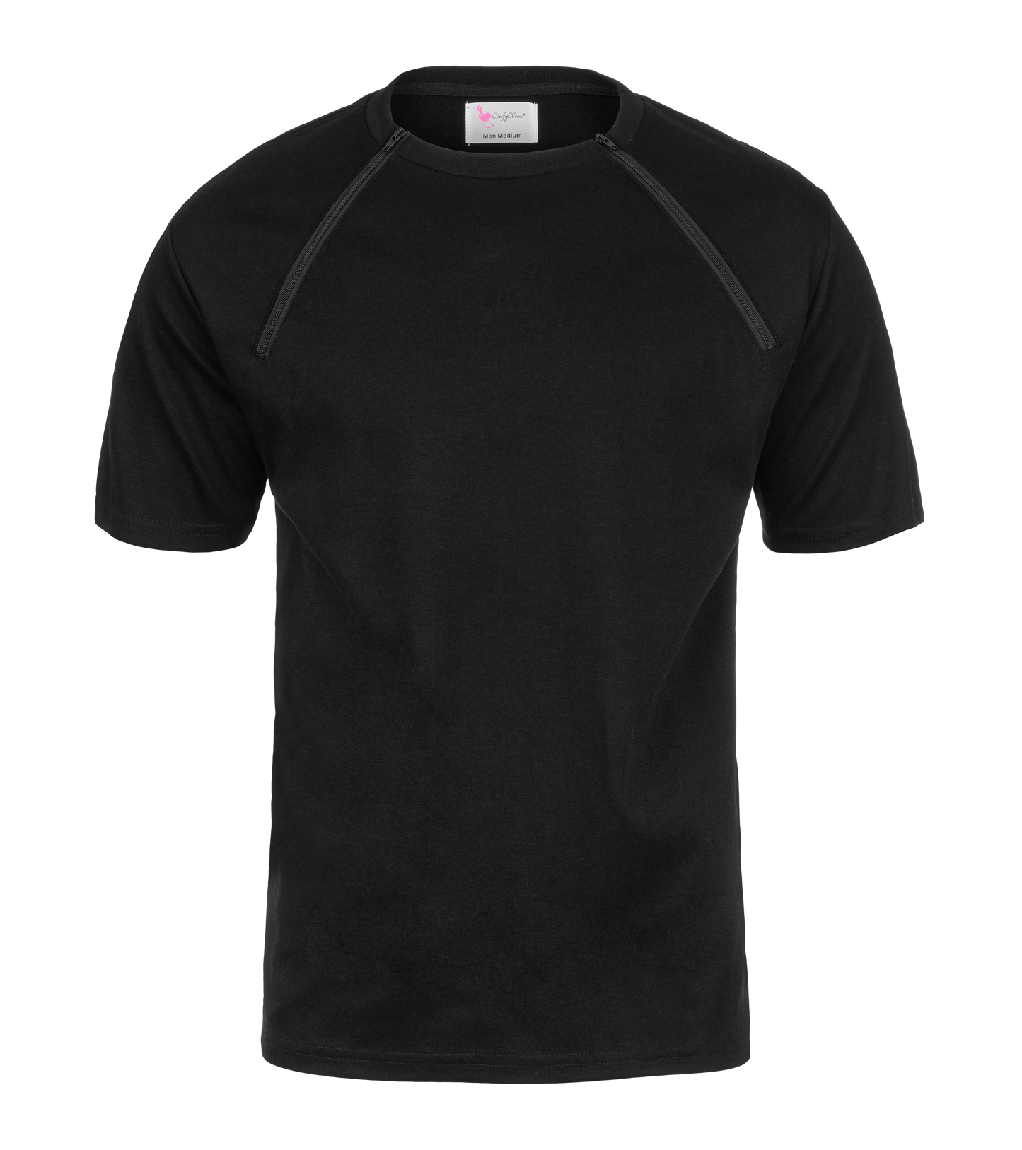  ComfyChemo®CHEMOWEAR and ComfyAccess®INFUSIONWEAR Men's black dual zippered chest access shirt. Great for chemo and dialysis.