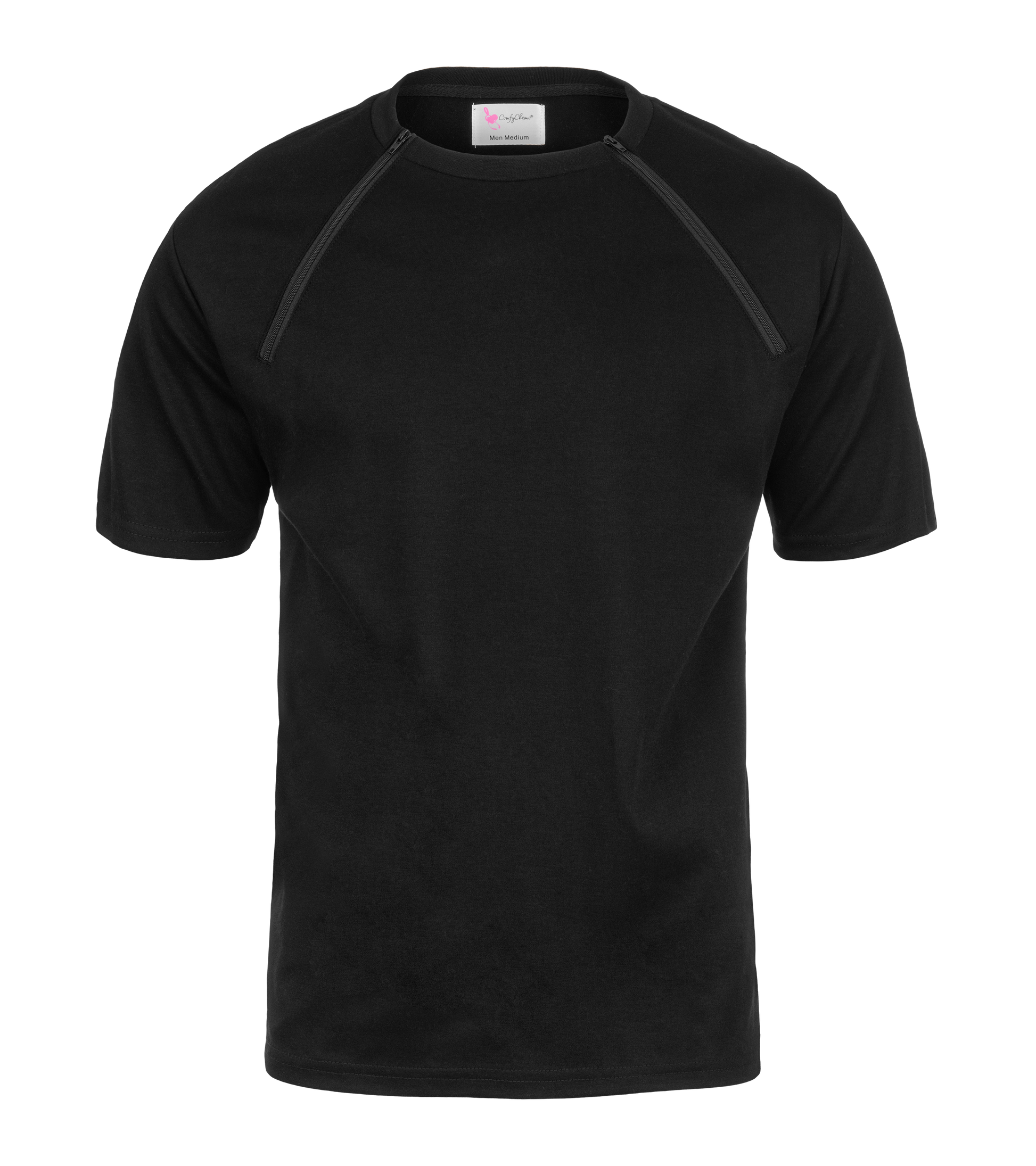  ComfyChemo®CHEMOWEAR and ComfyAccess®INFUSIONWEAR Men's black dual zippered chest access shirt. Great for chemo and dialysis.