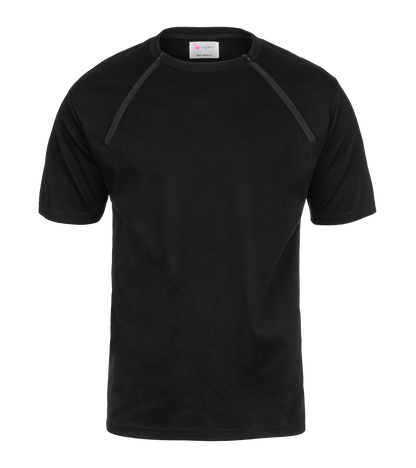  ComfyChemo®CHEMOWEAR and ComfyAccess®INFUSIONWEAR Men's black dual zippered chest access shirt. Great for chemo and dialysis.