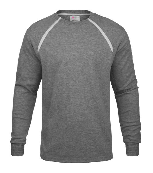 ComfyChemo®CHEMOWEAR and ComfyAccess®INFUSIONWEAR Men's Long Sleeve Grey Chest Access Shirt. Great for chest ports.