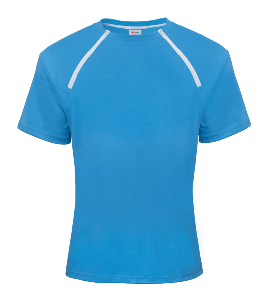 ComfyChemo®CHEMOWEAR and ComfyAccess®INFUSIONWEAR Men's Short Sleeve Blue Chest Access Shirt. Great for chest ports. 