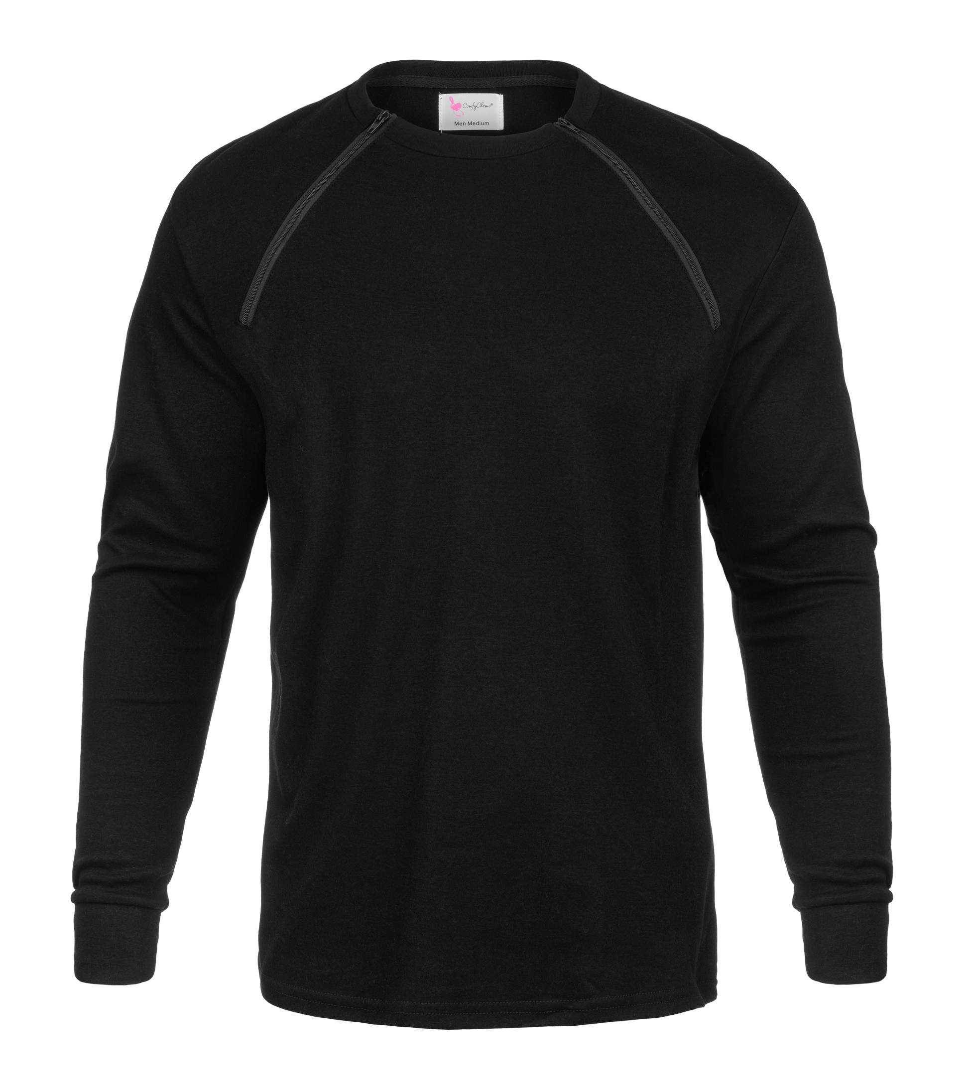 ComfyChemo®CHEMOWEAR and ComfyAccess®INFUSIONWEAR Men's Long Sleeve Black Chest Access Shirt. Great for chest ports.