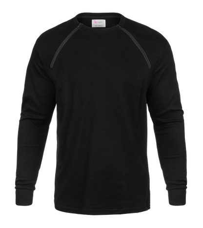 ComfyChemo®CHEMOWEAR and ComfyAccess®INFUSIONWEAR Men's Long Sleeve Black Chest Access Shirt. Great for chest ports.