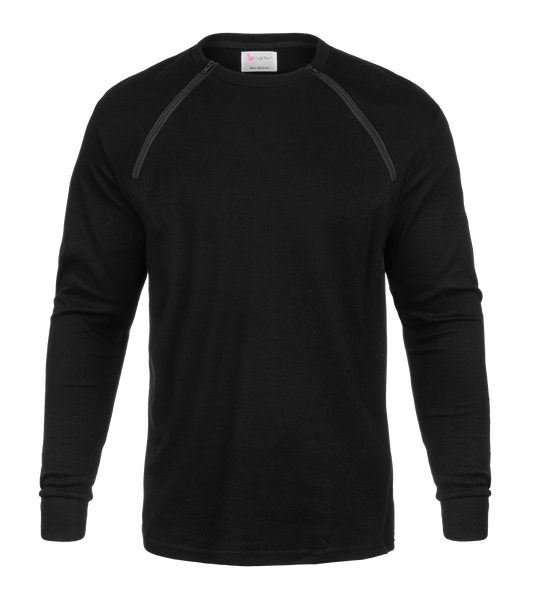 ComfyChemo®CHEMOWEAR and ComfyAccess®INFUSIONWEAR Men's Long Sleeve Black Chest Access Shirt. Great for chest ports.