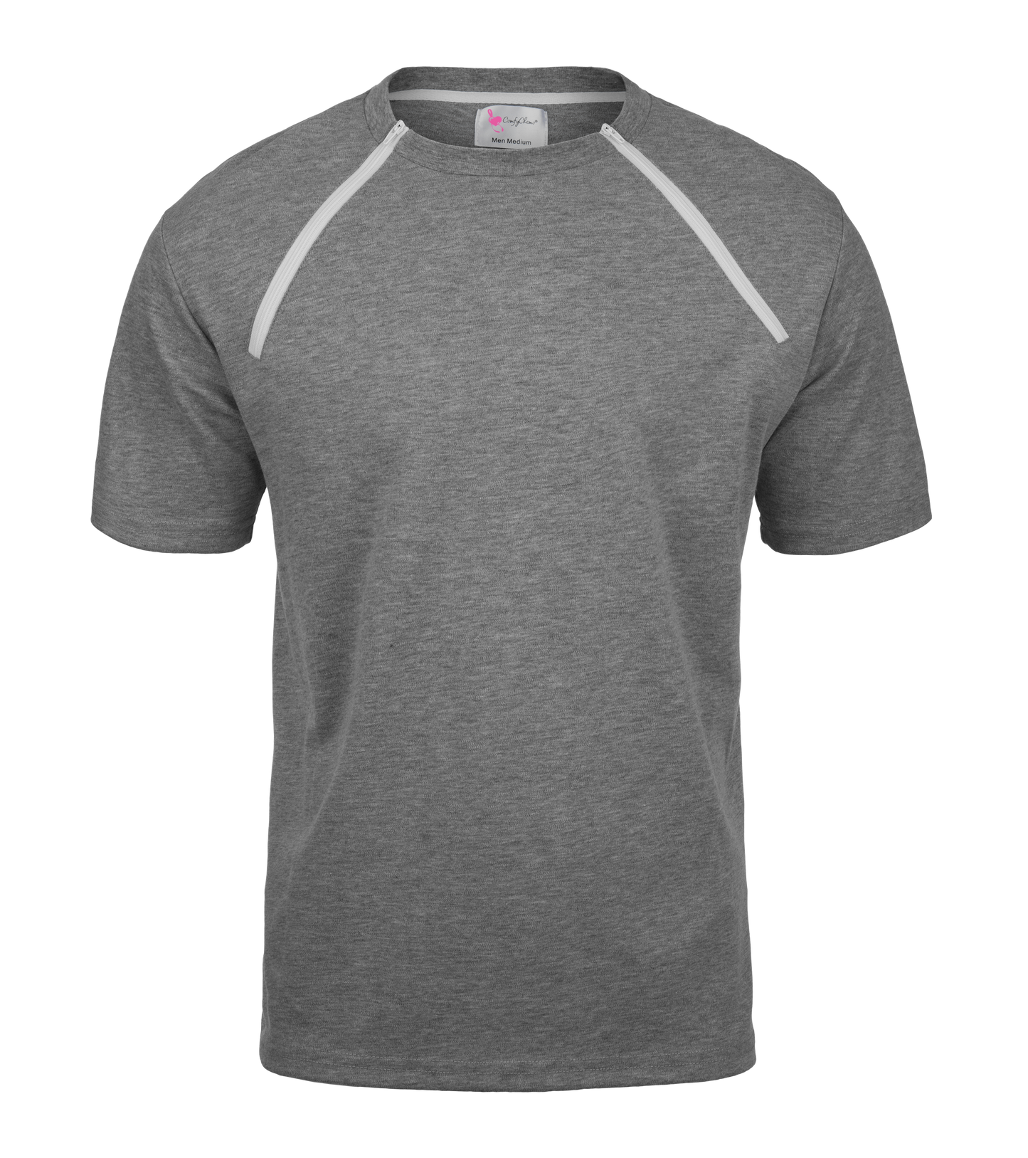 ComfyChemo®CHEMOWEAR and ComfyAccess®INFUSIONWEAR Men's grey dual zippered chest access shirt. Great for chemo and dialysis. 
