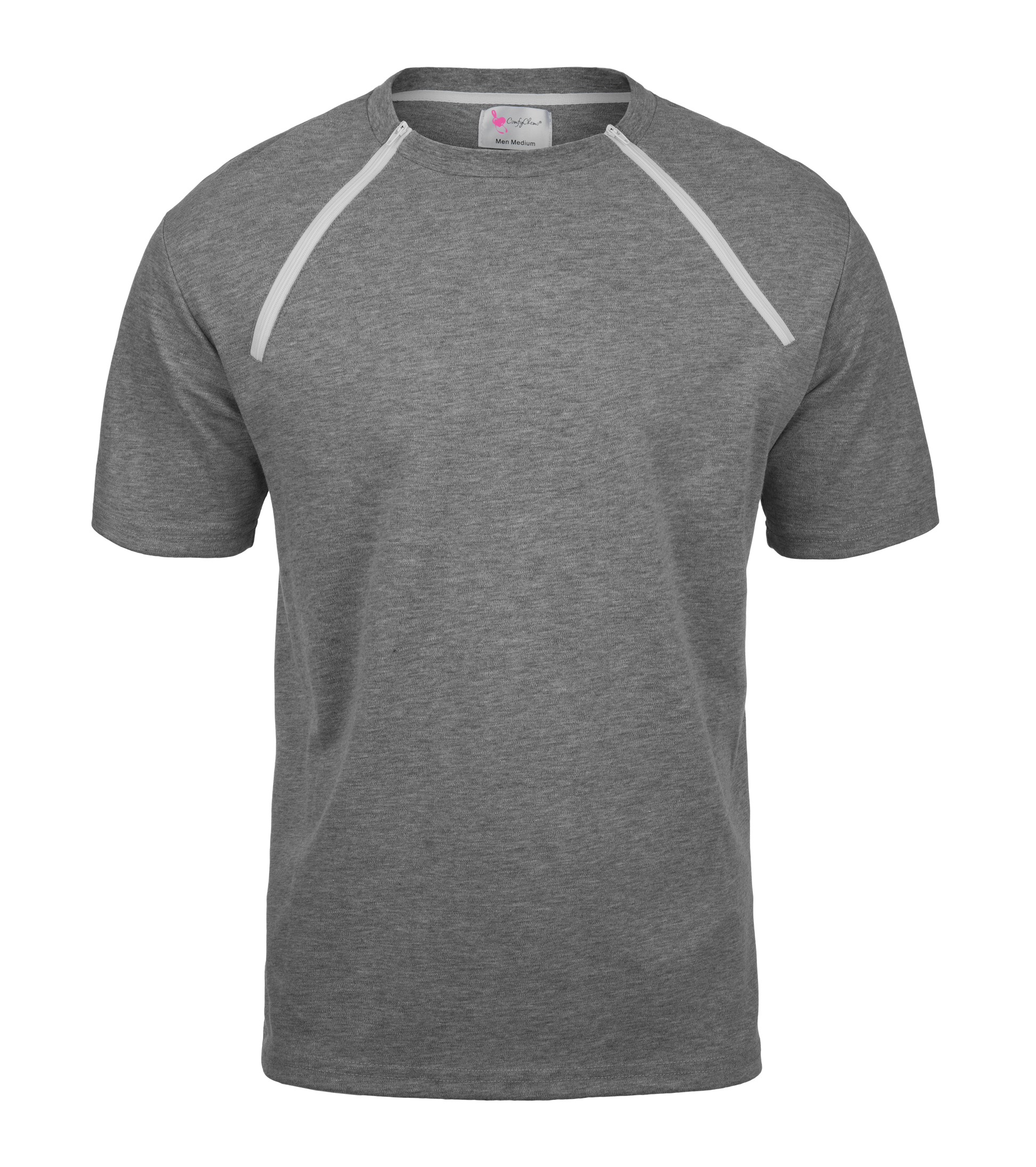 ComfyChemo®CHEMOWEAR and ComfyAccess®INFUSIONWEAR Men's grey dual zippered chest access shirt. Great for chemo and dialysis. 