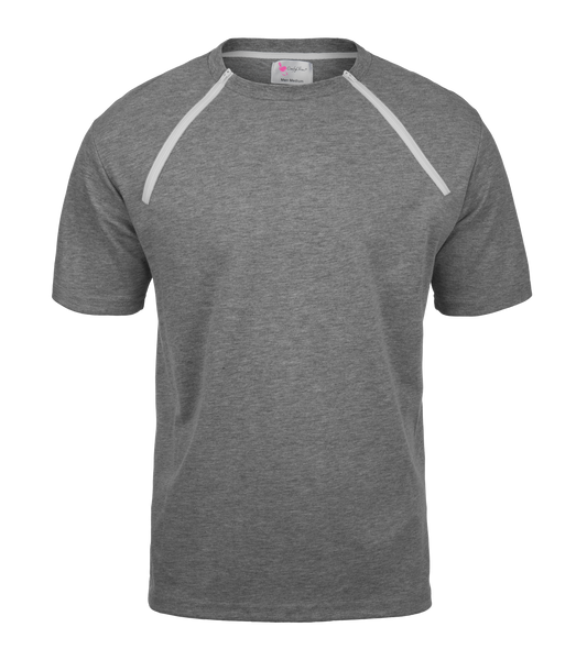 ComfyChemo®CHEMOWEAR and ComfyAccess®INFUSIONWEAR Men's grey dual zippered chest access shirt. Great for chemo and dialysis. 