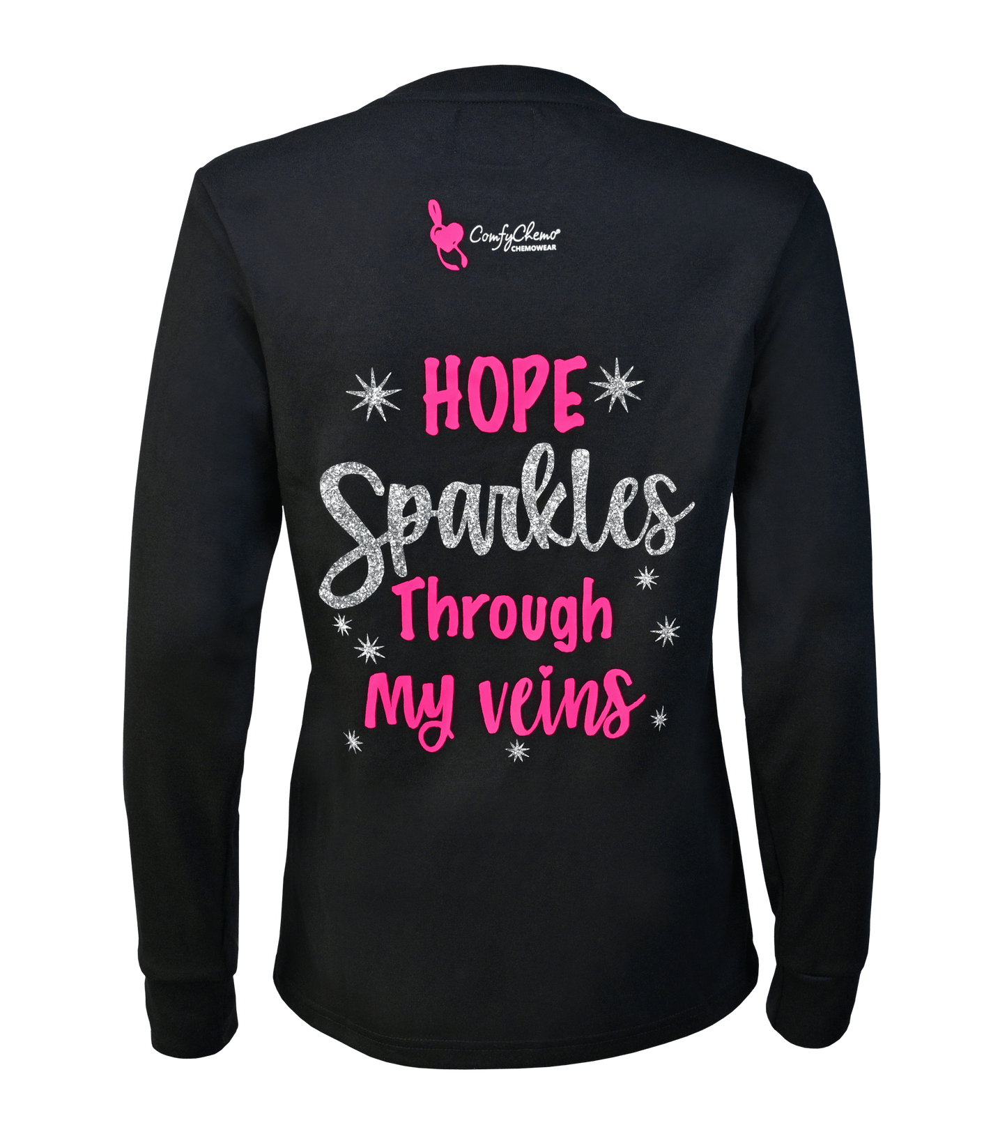 Back View of ComfyChemo®CHEMOWEAR dual zippered chest access shirt with an inspirational phrase on the back. Great for ports and permcaths.