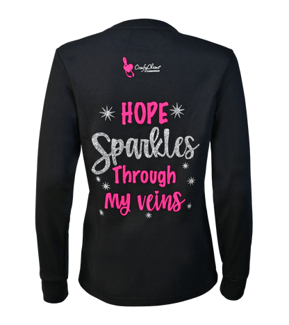 Back View of ComfyChemo®CHEMOWEAR dual zippered chest access shirt with an inspirational phrase on the back. Great for ports and permcaths.