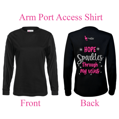 Women's Arm Access Infusion Shirt with back design saying 'Hope Sparkles Through My Veins' in silver sparkle.