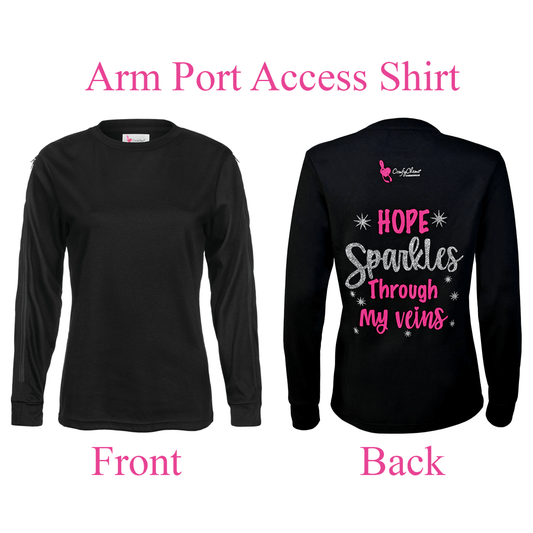 Women's Arm Access Infusion Shirt with back design saying 'Hope Sparkles Through My Veins' in silver sparkle.