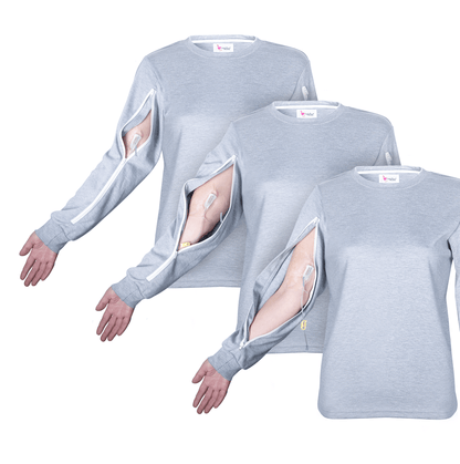  ComfyAccess®INFUSIONWEAR Dual Two Way Zipper Arm Access Shirt. Great for PICC lines, arm ports, and arm dialysis sites.