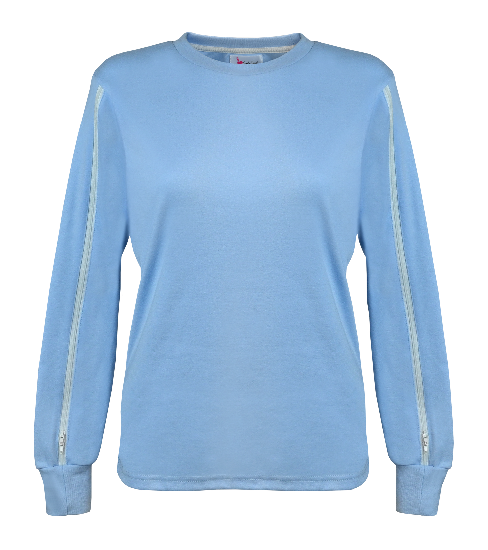 Women's ComfyAccess®INFUSIONWEAR Periwinkle Blue Arm Access Shirt. Dual two-way zippers. Great for dialysis and chemo sites located in the arm. Unzip and rezip for your comfort.