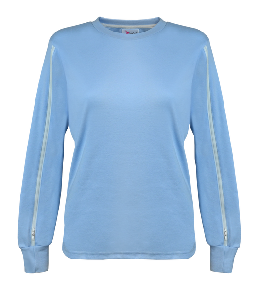 Women's ComfyAccess®INFUSIONWEAR Periwinkle Blue Arm Access Shirt. Dual two-way zippers. Great for dialysis and chemo sites located in the arm. Unzip and rezip for your comfort.