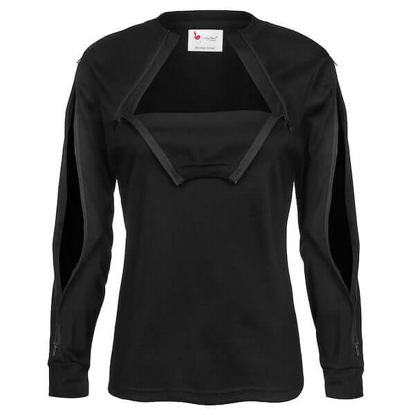 Women's Dialysis Shirt with both arm and chest access in one shirt. Great for dialysis patients transitioning between arm and chest access sites. 