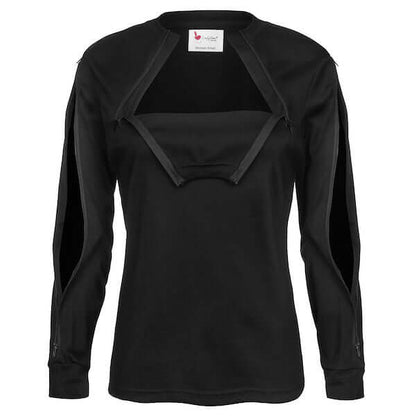 Women's Dialysis Shirt with both arm and chest access in one shirt. Great for dialysis patients transitioning between arm and chest access sites. 