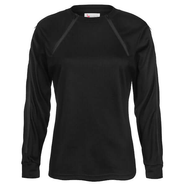 Women's Dialysis Shirt with both arm and chest access in one shirt. Great for dialysis patients transitioning between arm and chest access sites. 