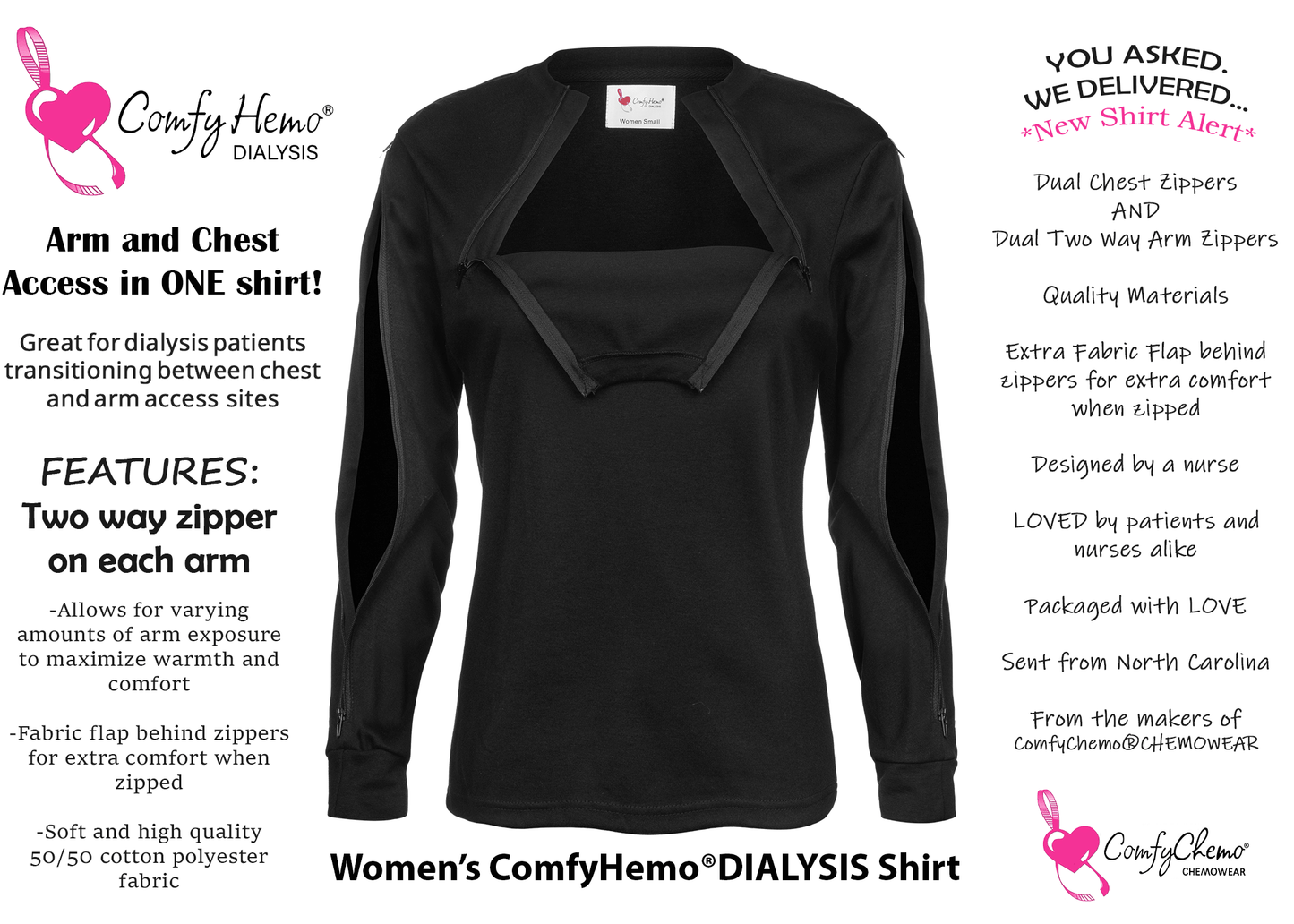 Women's Dialysis Shirt with both arm and chest access in one shirt. Great for dialysis patients transitioning between arm and chest access sites. 