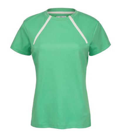 Women's aqua green dual zippered chest access shirt. Great for chemo and dialysis patients who have chest access sites.
